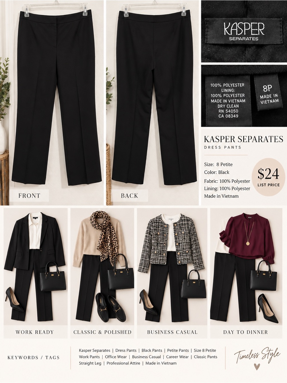 Kasper Black Straight-Leg Dress Pants Fully lined. Size 8p